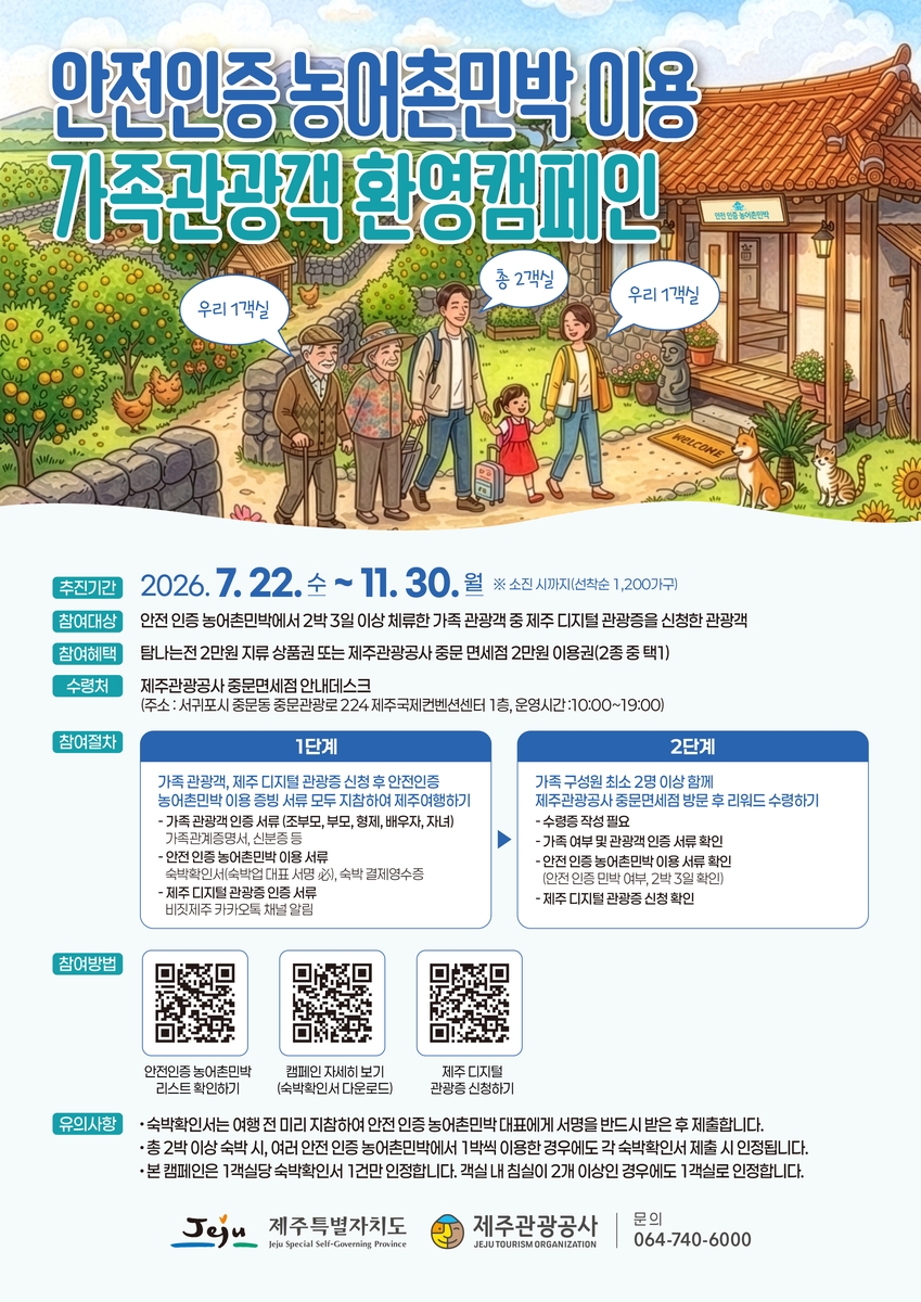 제주 가족여행 2박하면 2만원…‘안전 민박’ 지원 시작