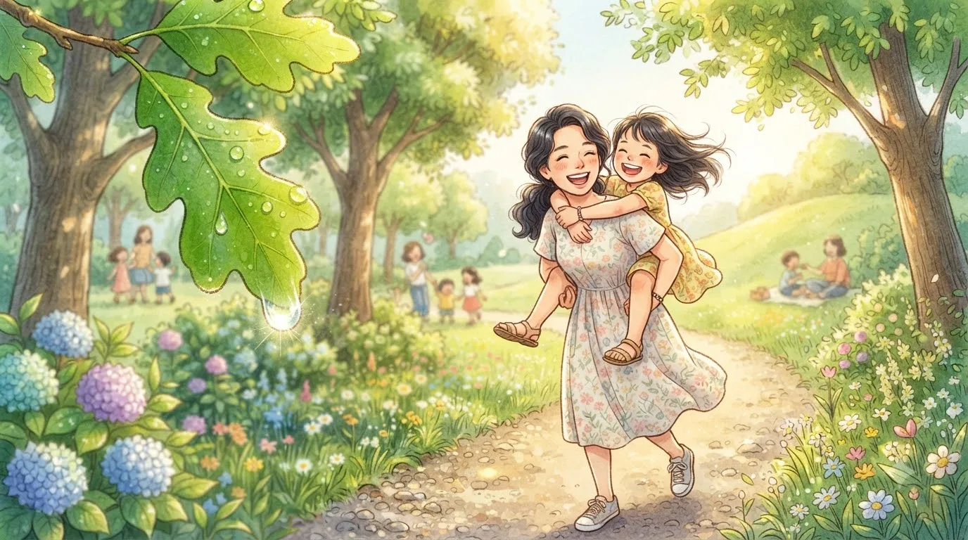 초록빛 숲길에서 엄마 등에 꼭 매달린 아이가 환하게 웃는다. 나뭇잎에 맺힌 물방울처럼, 엄마에게 매달린 아이의 행복한 순간을 담았다.