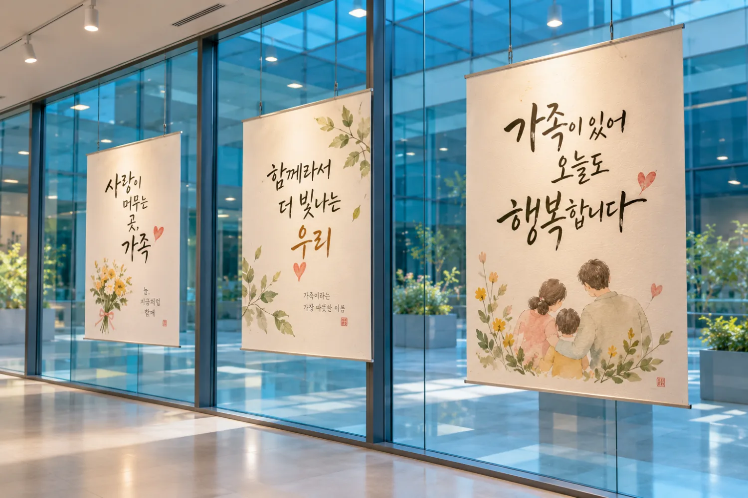 유리창에 가족 사랑과 행복에 관한 글귀가 적힌 천이 걸려 있고 자연광이 들어오는 밝은 공간의 전시 모습.