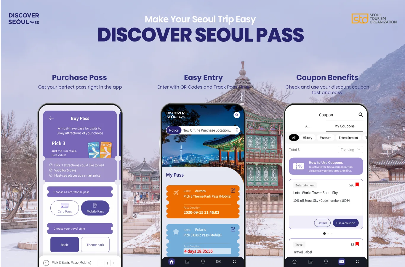 디스커버서울패스 모바일 앱의 구매, QR코드 입장 인증, 쿠폰 사용 화면이 표현된 스마트폰 화면 캡처 이미지.