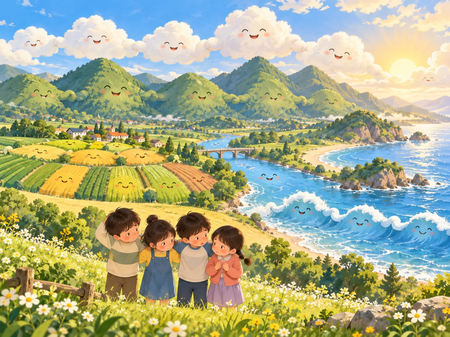 구름도 산도 밭이랑도 강물과 파도도 다정하게 어깨동무하는 세상, 아이들도 서로에게 한 걸음 다가서며 함께하는 마음을 배워간다.