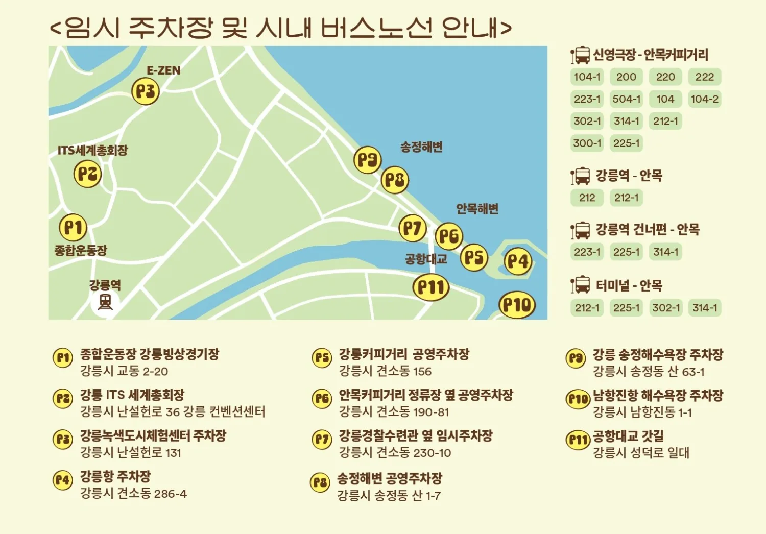 강릉시 전역 임시 주차장 위치와 시내 주요 버스 노선이 표시된 교통 안내 지도 사진.