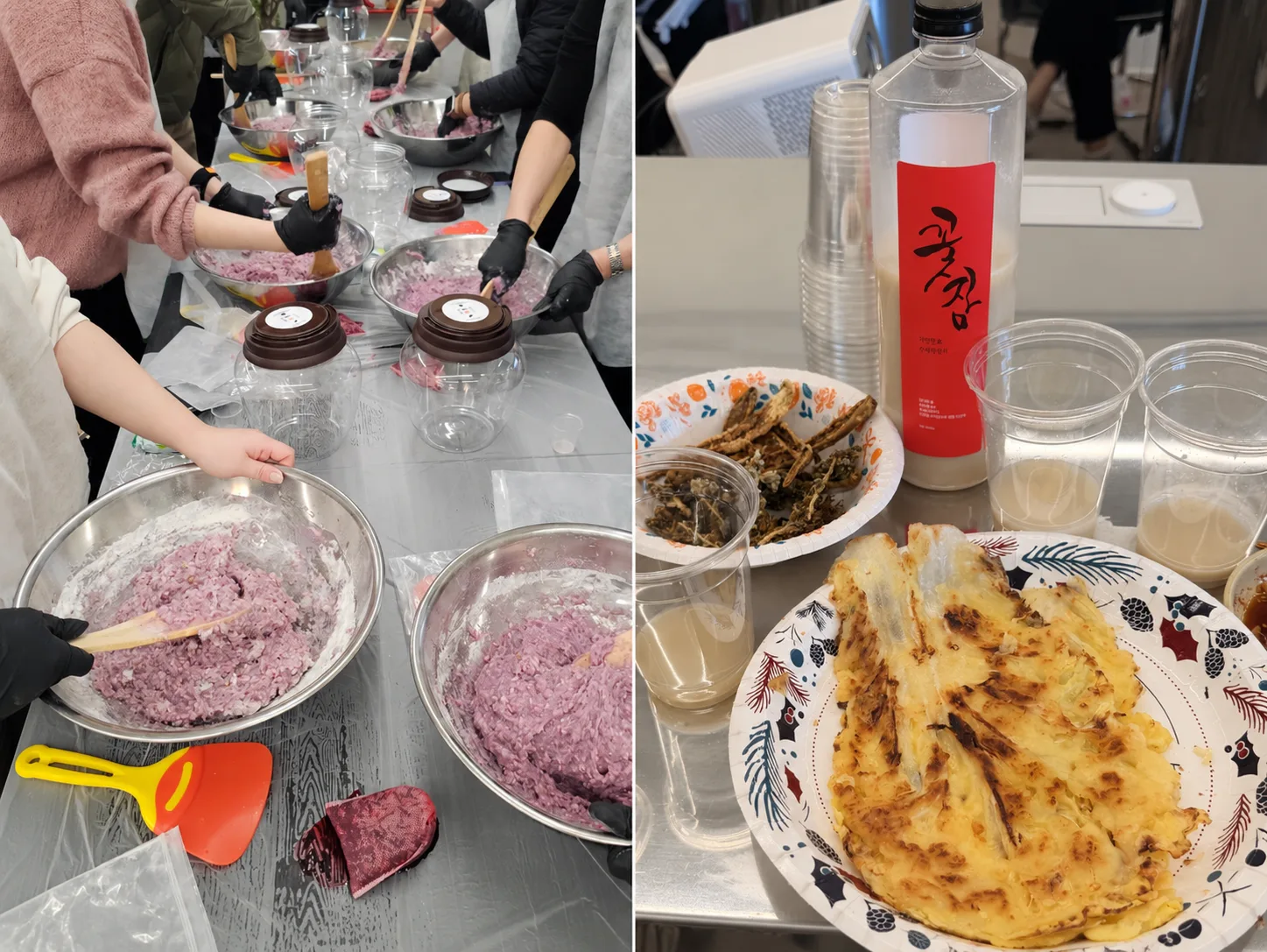 전통 막걸리를 만드는 과정에서 사람들이 대형 그릇에 술 재료를 섞고 있는 모습과 전통주 병과 전이 담긴 접시가 놓인 테이블 사진