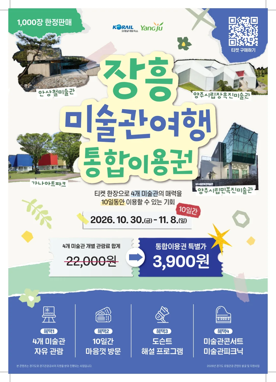 양주 장흥 미술관 여행 통합이용권 포스터. 주요 미술관 4곳 사진과 이용 기간, 가격 정보가 담긴 화려한 디자인의 광고 이미지.