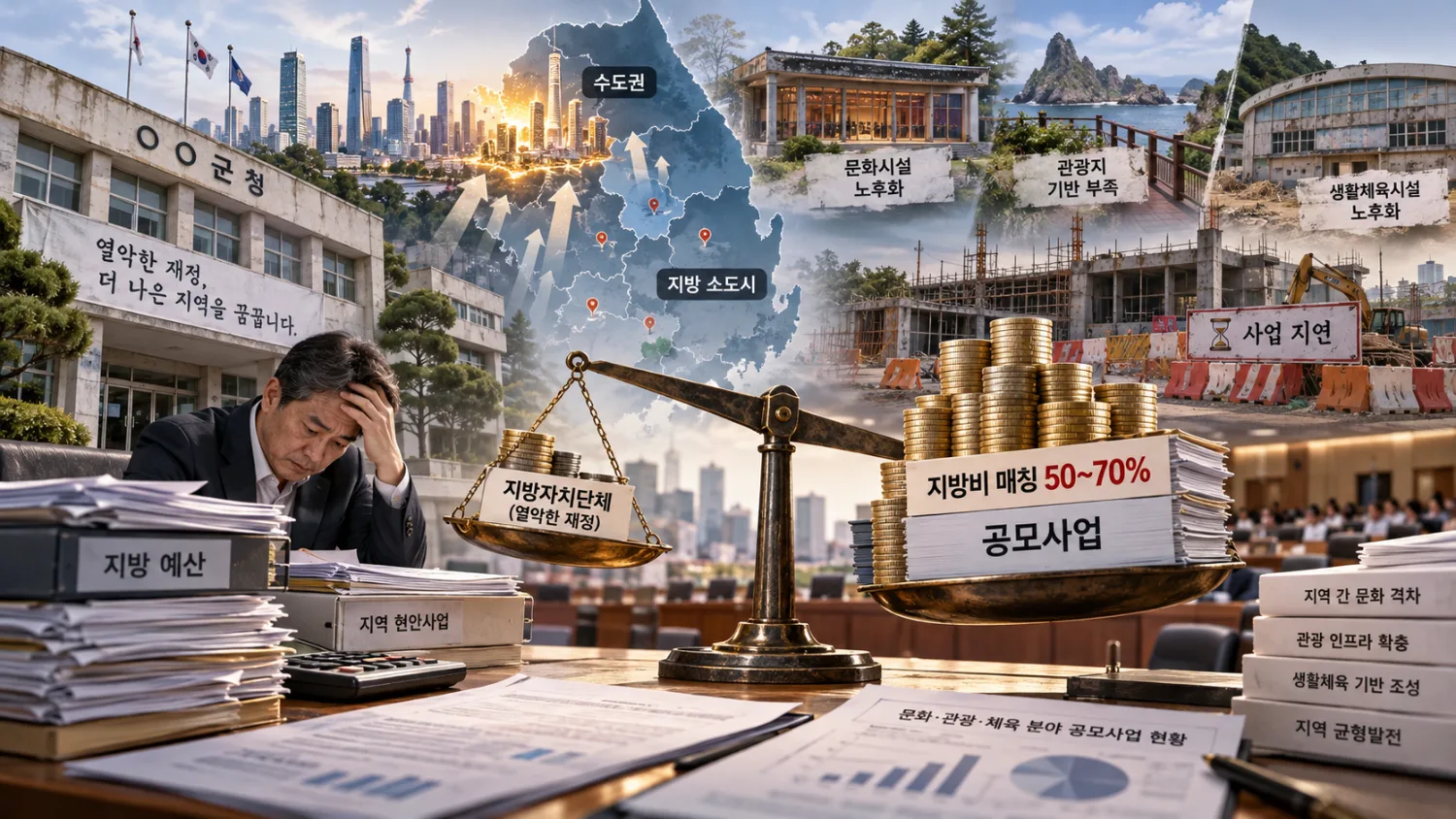 지방비 매칭 부담으로 관광개발과 문화·체육시설 확충에 어려움을 겪는 지방자치단체의 현실을 표현한 이미지