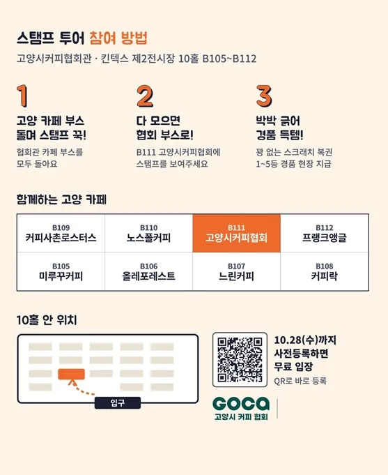 스탬프 투어 참여 방법과 고양시커피협회 참여 카페 위치를 설명하는 안내 포스터, QR코드가 포함되어 있다.